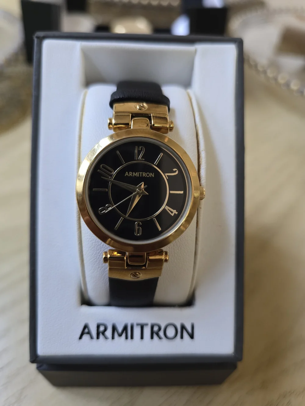 Armitron Gold-Tone Black Dial Leather Strap Watch